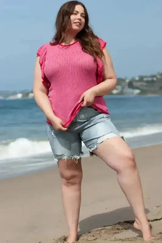 Short Sleeve Sweater - Rose Red Plus Size - Fashionfitz