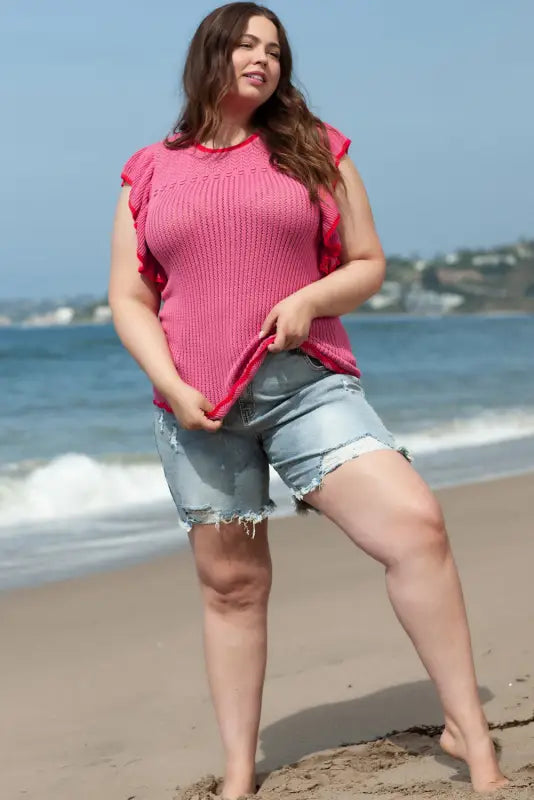 Short sleeve sweater - rose red plus size - sweaters