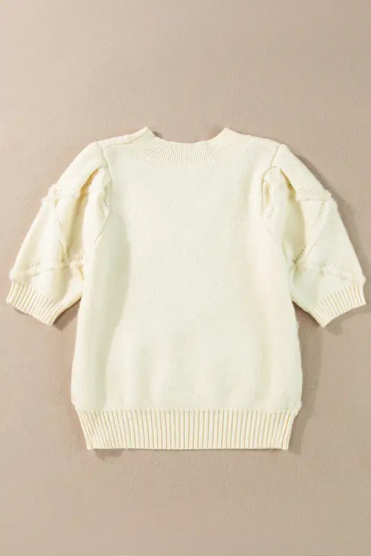 Short sleeve sweater - white rhombus pattern ribbed trim