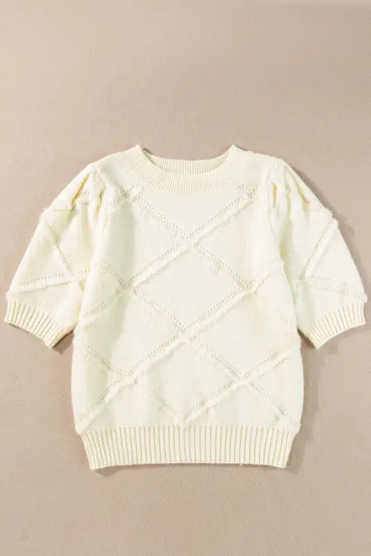 Short sleeve sweater - white rhombus pattern ribbed trim