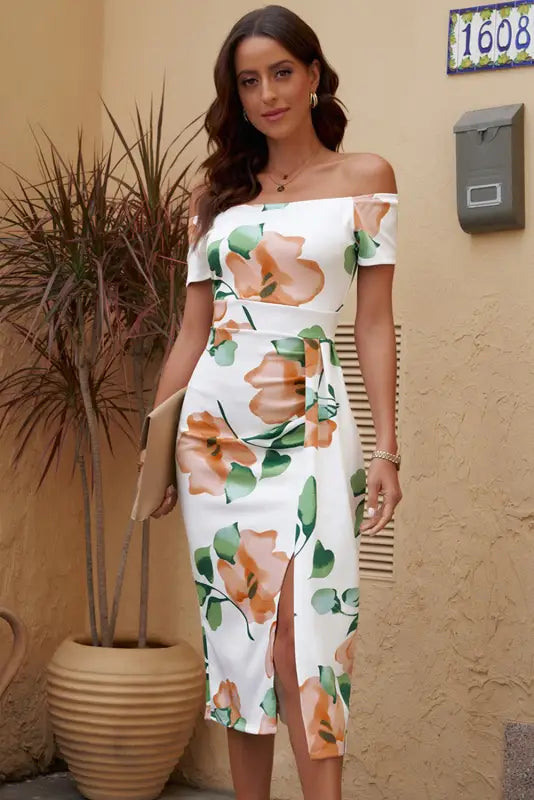 Off shoulder midi dress - slit bodycon - dresses