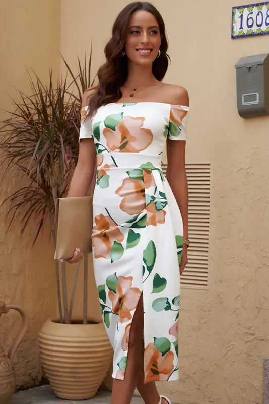 Off shoulder midi dress - slit bodycon - dresses