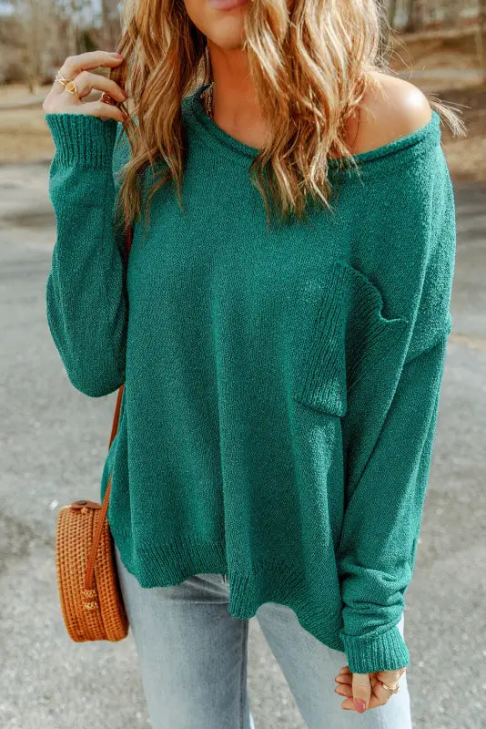 Black solid color off shoulder rib knit sweater with pocket - & cardigans