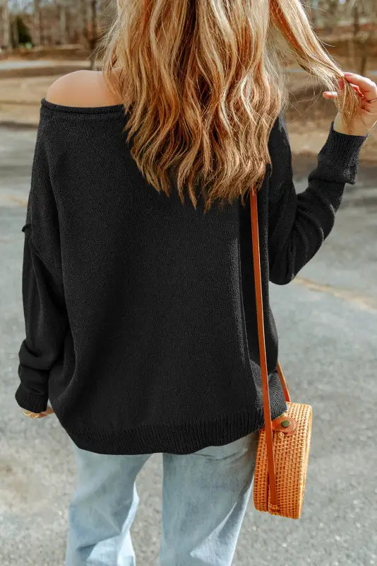 Black solid color off shoulder rib knit sweater with pocket - & cardigans