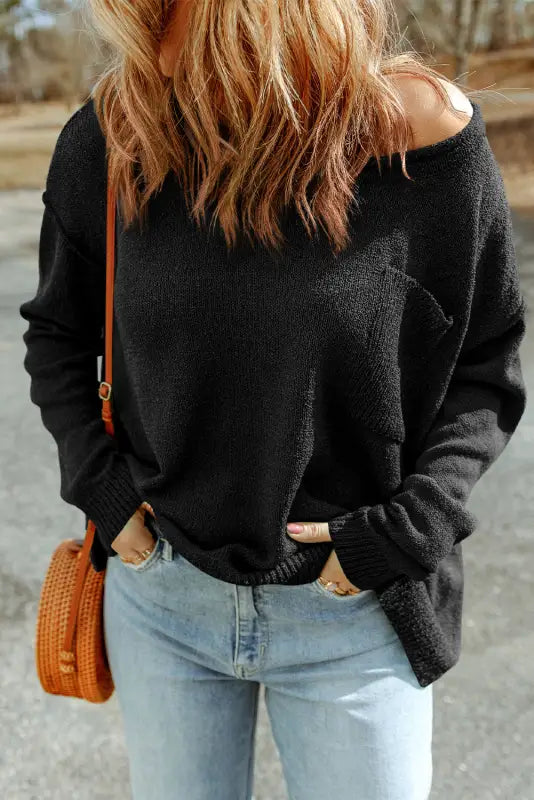 Black solid color off shoulder rib knit sweater with pocket - & cardigans