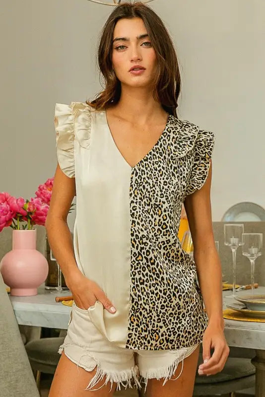 Silky ruffle sleeve blouse- leopard print - short blouses