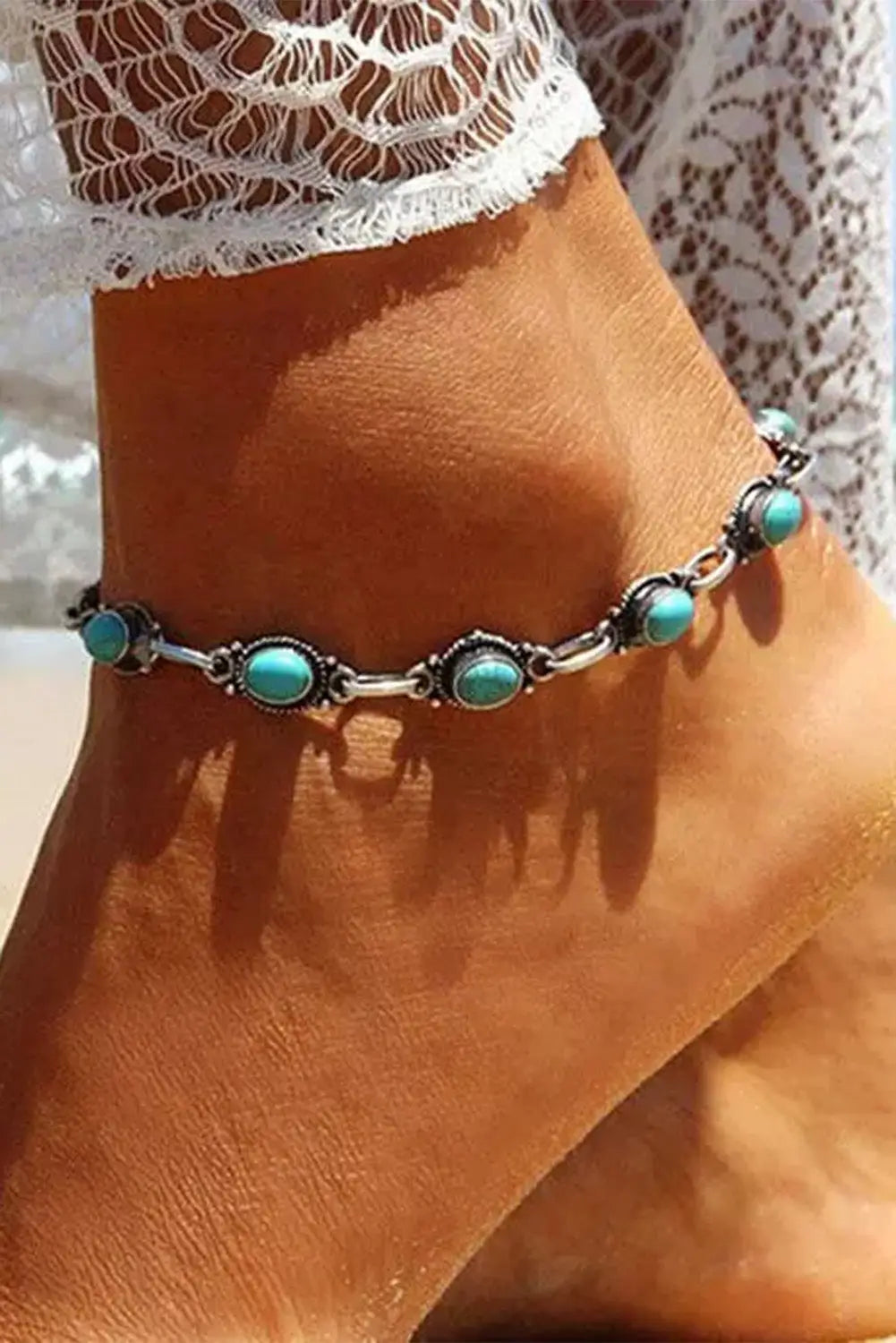 Silver bohemian turquoise casual anklet - one size /