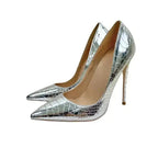 Angled side view of Silver Snake‑Effect Stiletto Heels with sleek design and metallic shine, perfect for glamorous fashion statements.