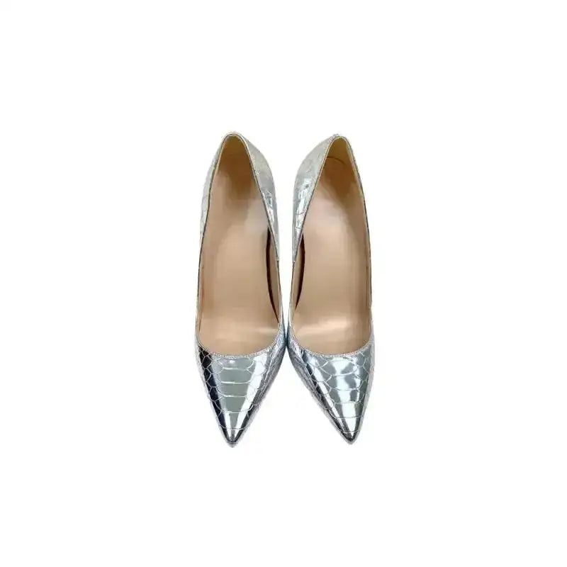 Top-down view of Silver Snake‑Effect Stiletto Heels with pointed toes, ideal for weddings, night outs, and special events.