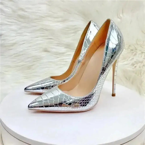 Side profile of Silver Snake‑Effect Stiletto Heels with elegant pointed toe and high heel, perfect for fashion-forward occasions.