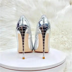 Rear view of Silver Snake‑Effect Stiletto Heels on display, showcasing high stiletto heel and snake-textured silver surface.