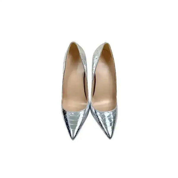 Top view of Silver Snake‑Effect Stiletto Heels showcasing pointed toe design and sleek silhouette, ideal for night outs and weddings.