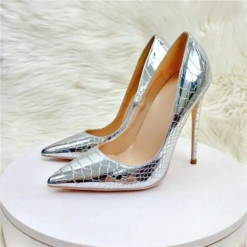 Silver snake skin pattern high heels stiletto shoes - pumps