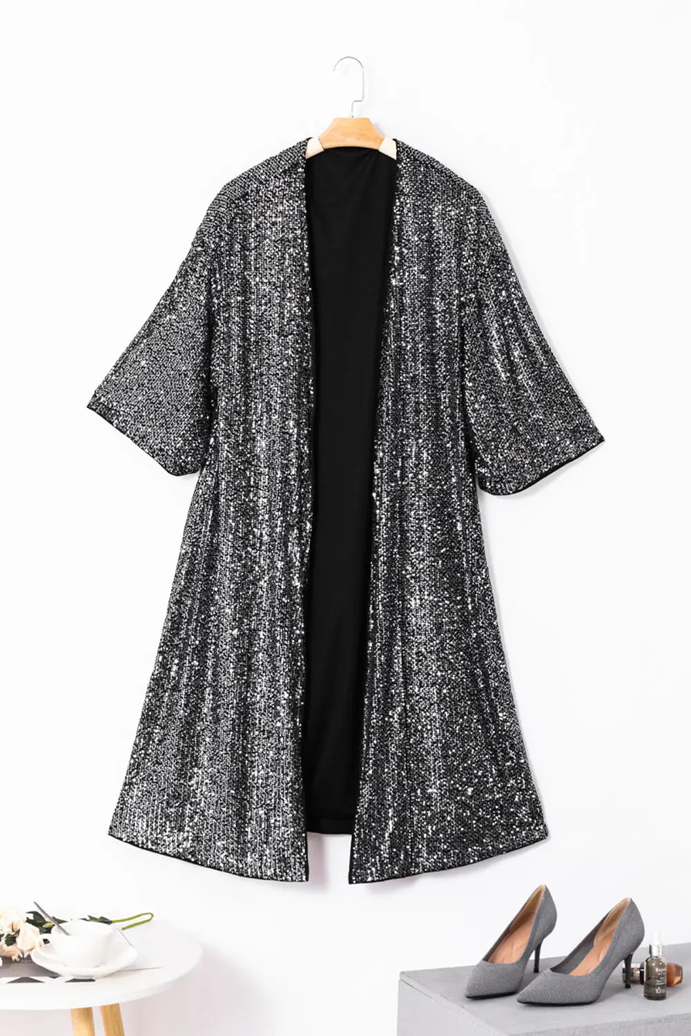 Silvery sequin 3/4 sleeve kimono - kimonos