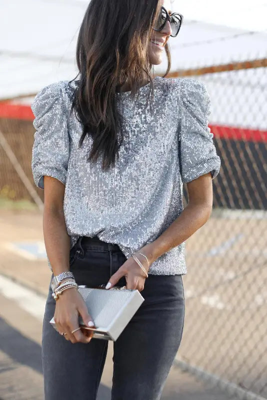 Silvery short puff sleeve sequin top - t-shirts