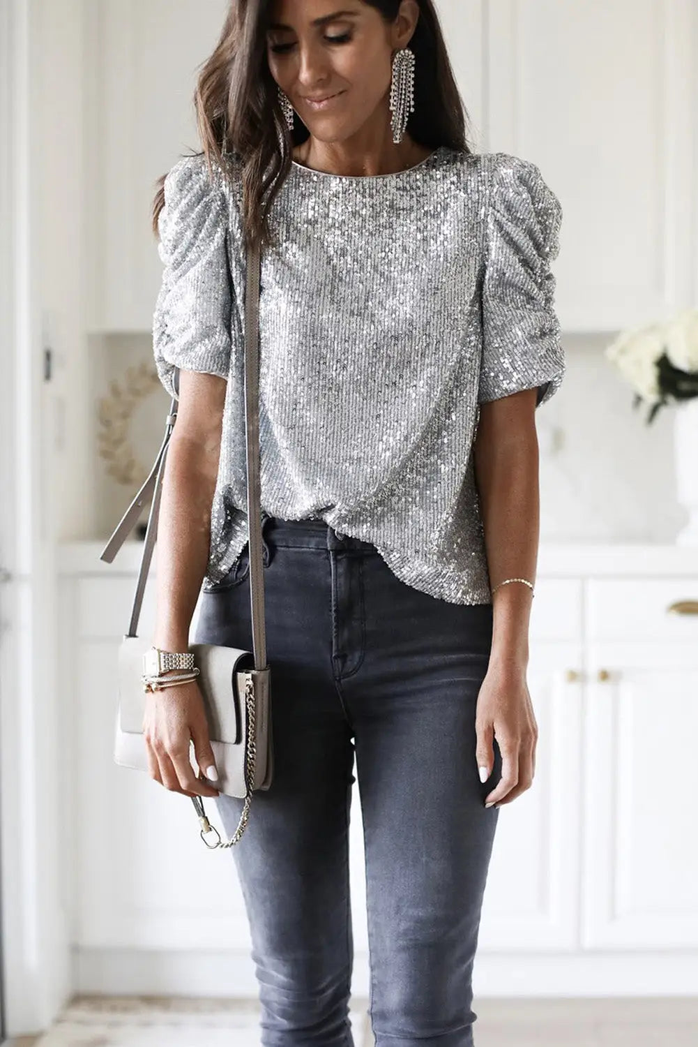 Silvery short puff sleeve sequin top - t-shirts