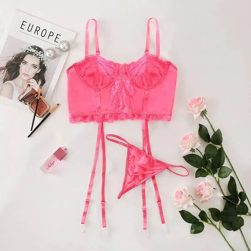 Simple lace hollow out sexy lingerie set - hot pink / l - garter sets