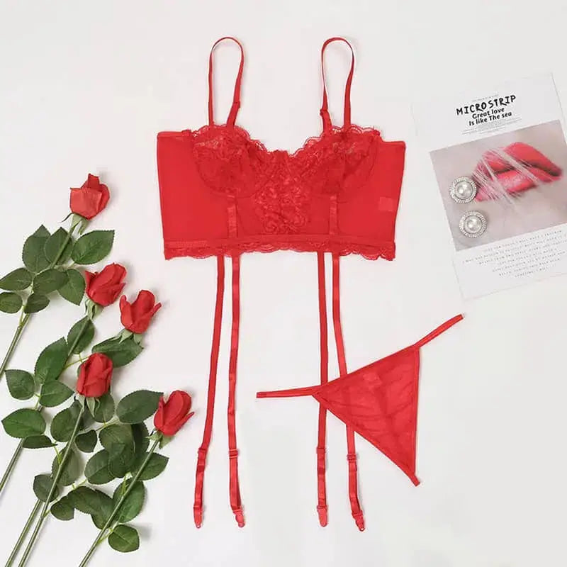 Simple lace hollow out sexy lingerie set - red / l - garter sets