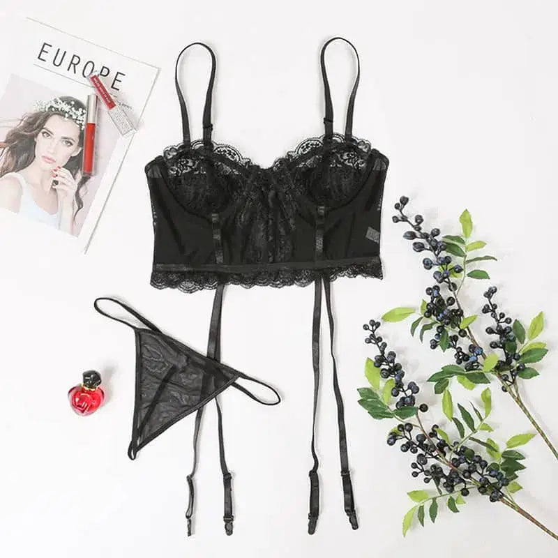 Simple lace hollow out sexy lingerie set - black / l - garter sets