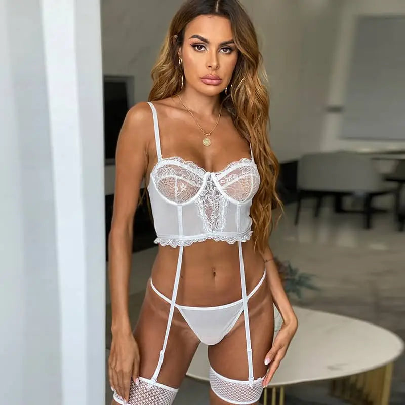 Simple lace hollow out sexy lingerie set - white / l - garter sets