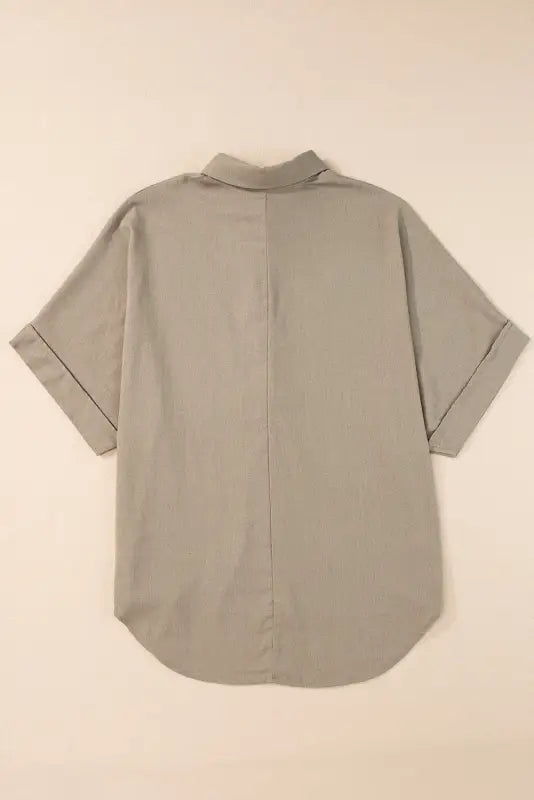 Simply taupe collared half buttons folded short sleeve oversize top - tops