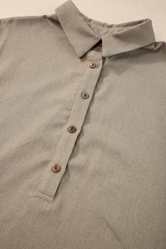 Simply taupe collared half buttons folded short sleeve oversize top - tops