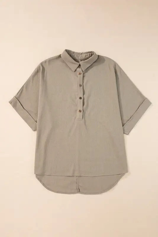 Simply taupe collared half buttons folded short sleeve oversize top - tops