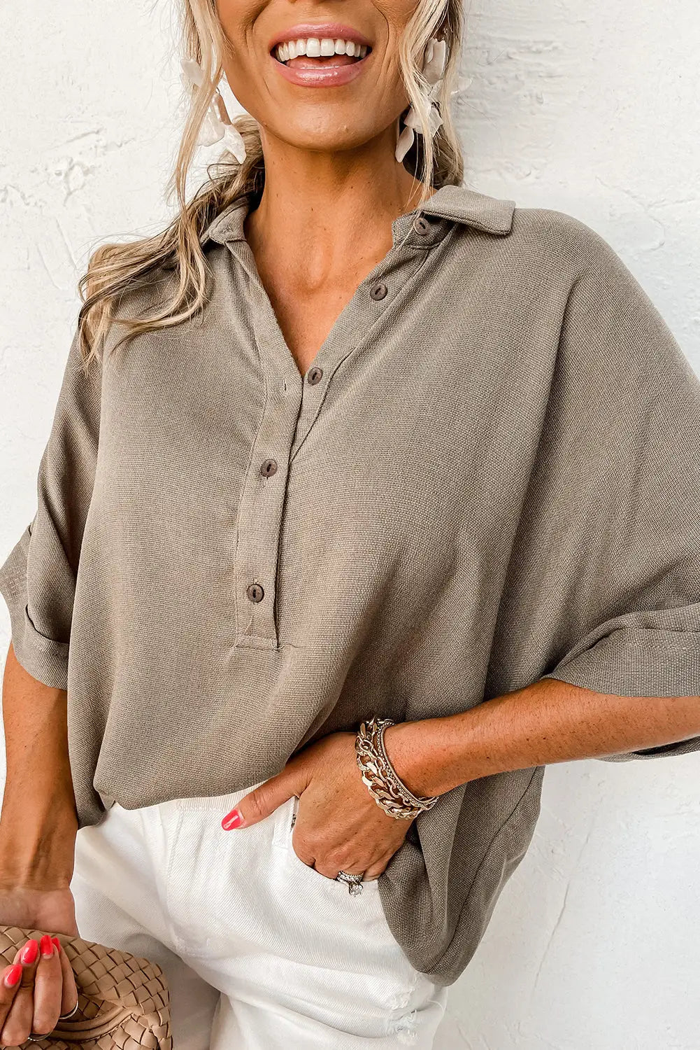 Simply taupe collared half buttons folded short sleeve oversize top - s / 70% viscose + 30% linen - tops