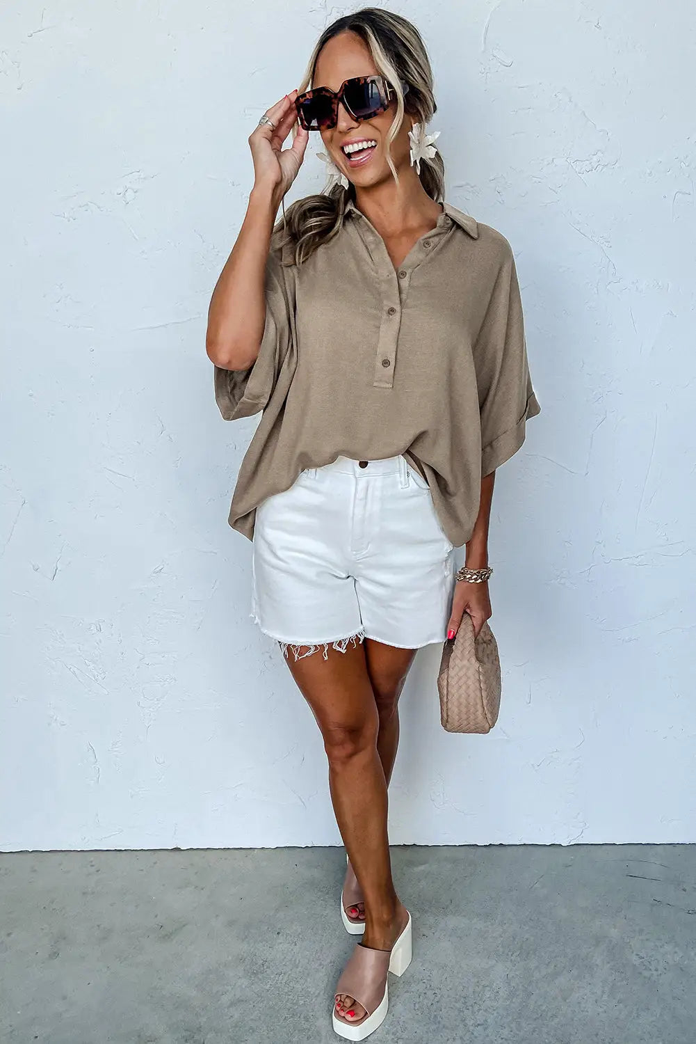 Simply taupe collared half buttons folded short sleeve oversize top - tops