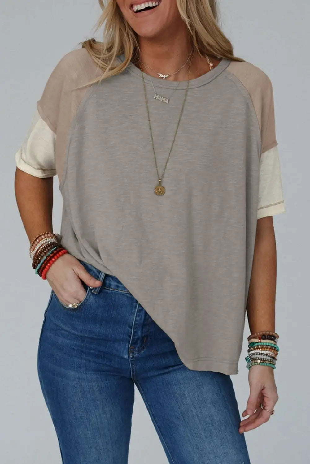 Simply taupe exposed seam loose tee - s / 65% polyester + 35% cotton - tops/tops & tees