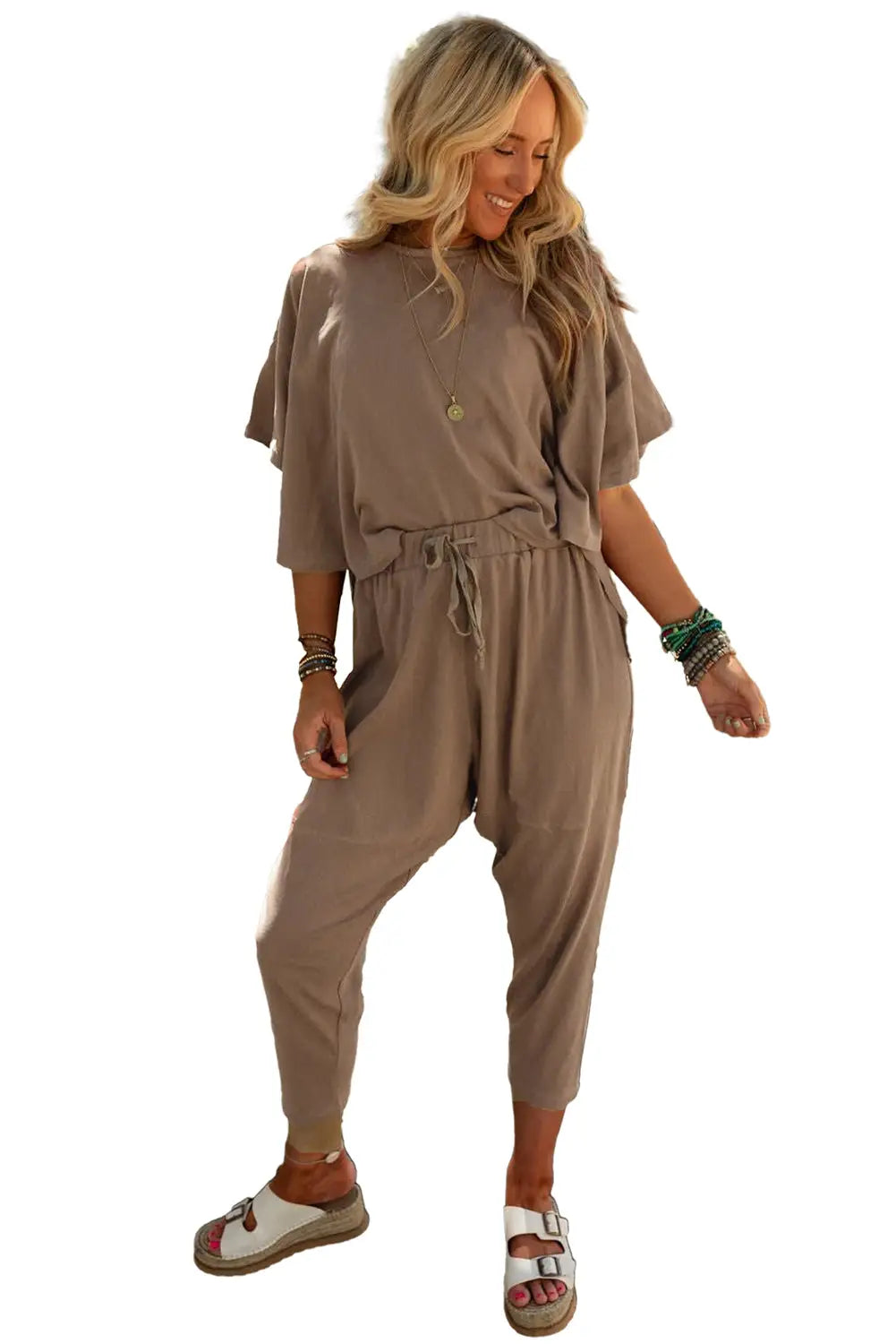 Simply taupe high low boxy fit tee and crop pants set - sets