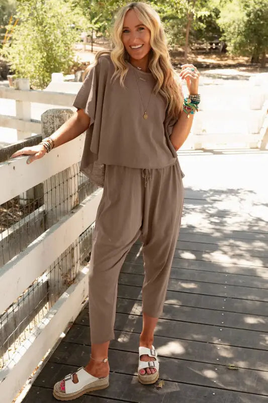 Simply taupe high low boxy fit tee and crop pants set - sets