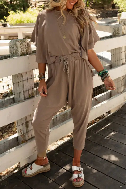 Simply taupe high low boxy fit tee and crop pants set - l / 95% cotton + 5% elastane - sets