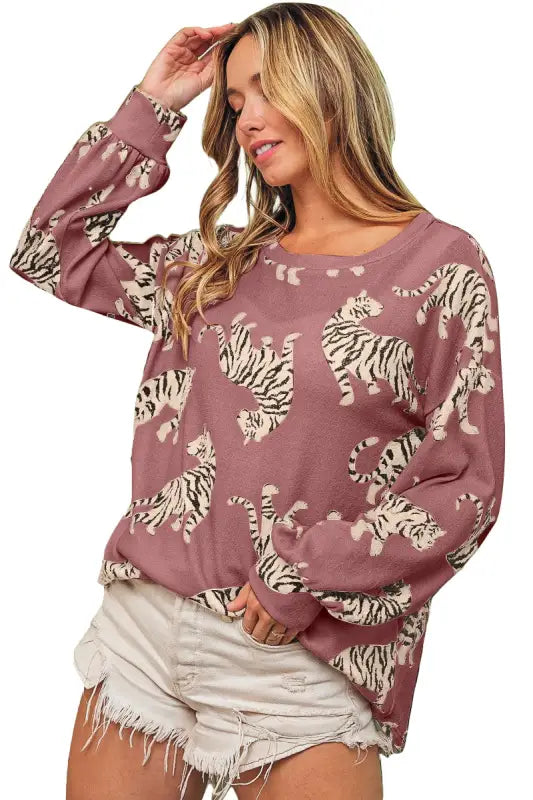 Simply taupe lively tiger print casual sweatshirt - tops