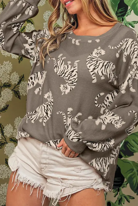 Simply taupe lively tiger print casual sweatshirt - tops