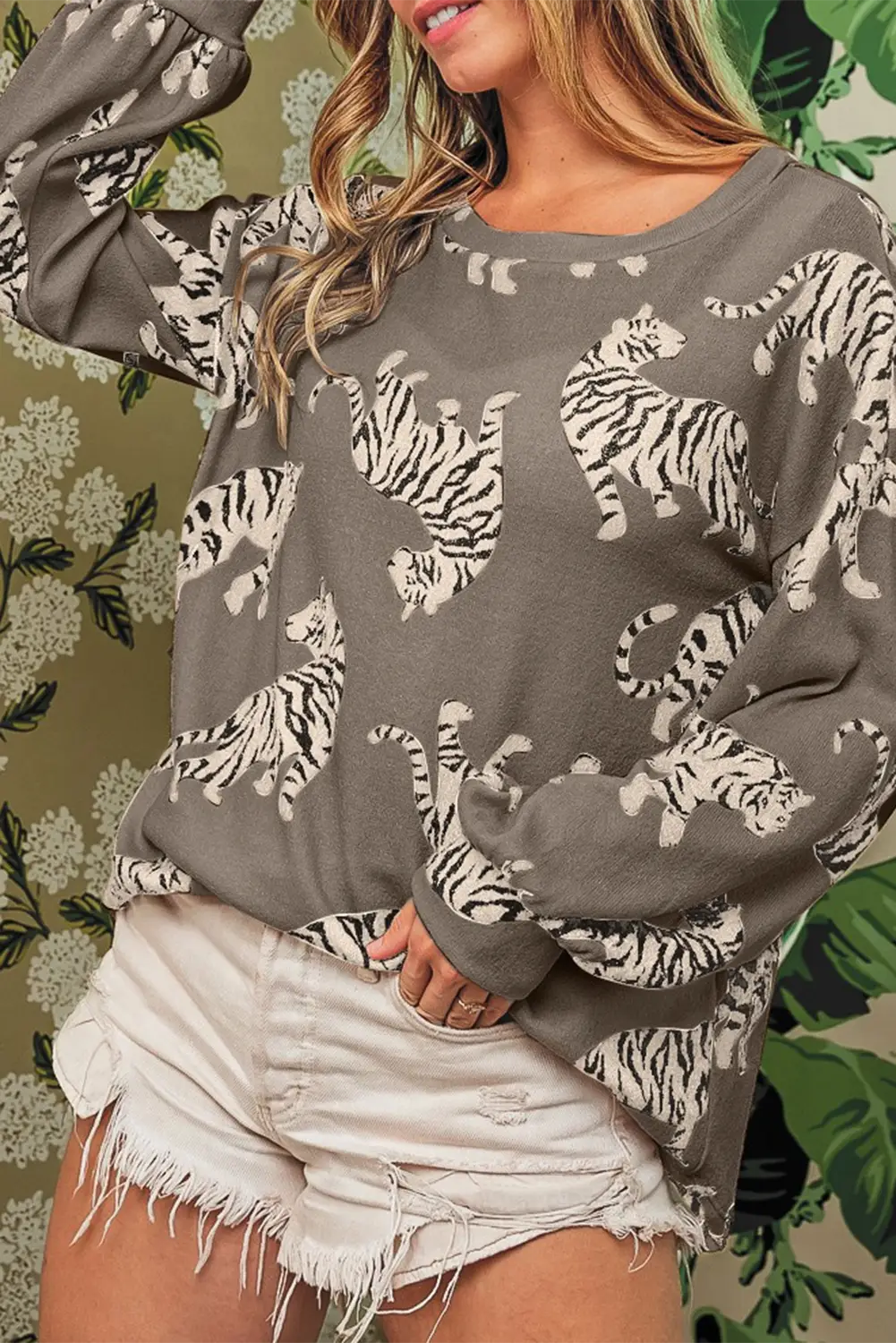Simply taupe lively tiger print casual sweatshirt - l / 92% polyester + 8% elastane - sweatshirts & hoodies