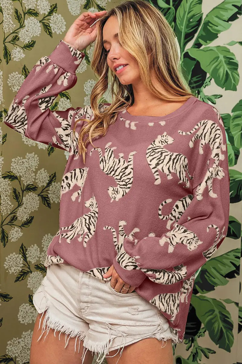 Simply taupe lively tiger print casual sweatshirt - tops
