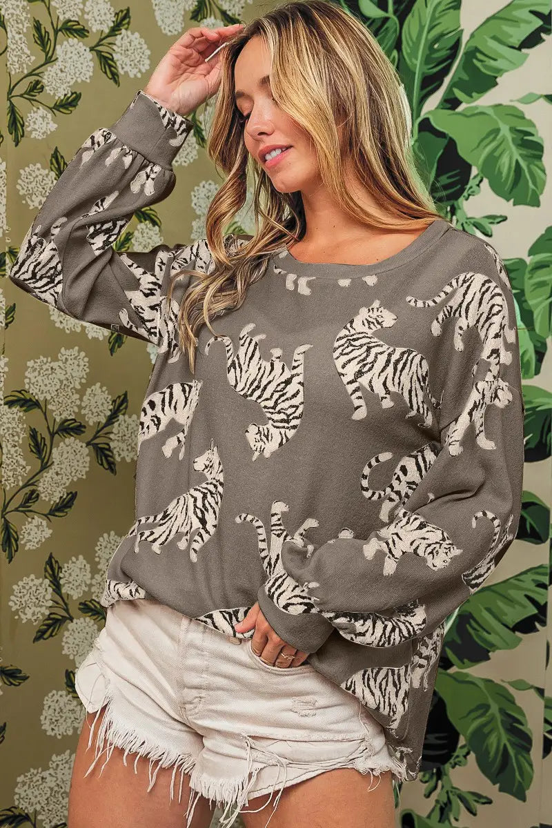 Simply taupe lively tiger print casual sweatshirt - tops