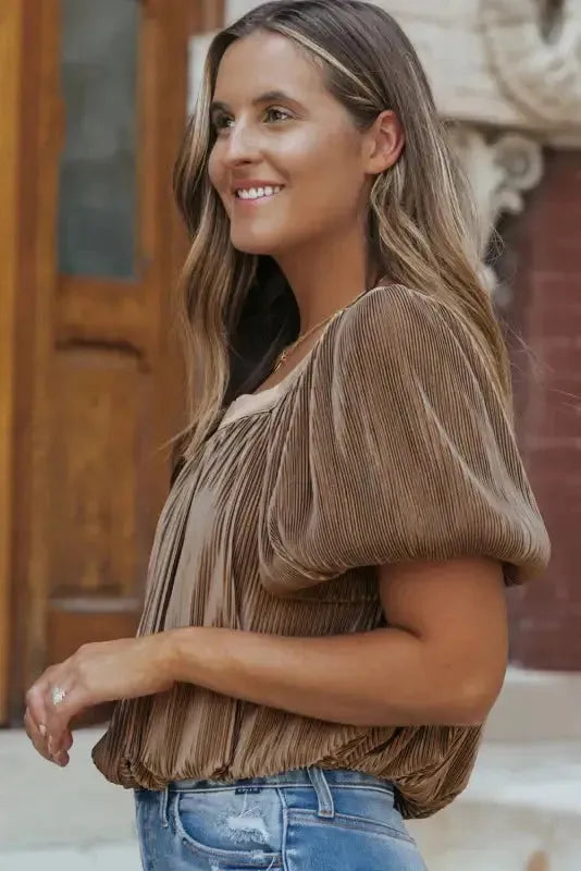 Simply Taupe Pleated Blouse - Puff Sleeve Square Neck - Fashionfitz