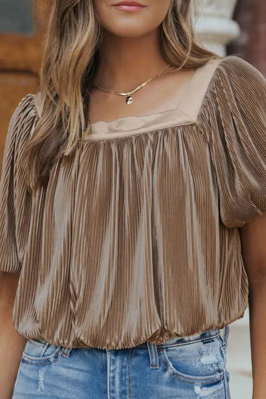 Simply taupe pleated puff sleeve square neck blouse - s / 100% polyester - blouses & shirts