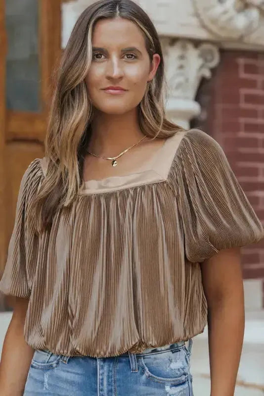 Simply Taupe Pleated Blouse - Puff Sleeve Square Neck - Fashionfitz