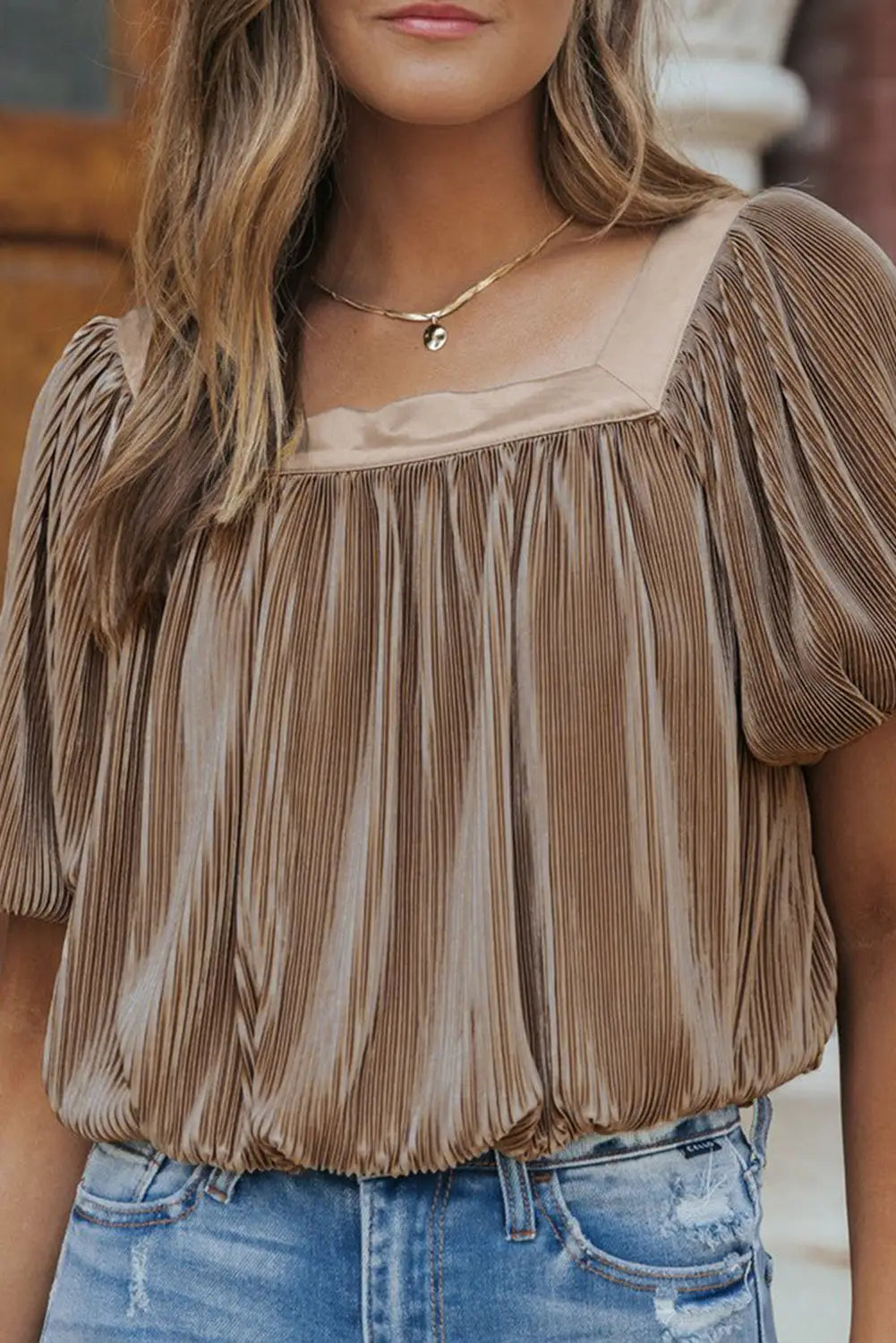 Simply taupe pleated puff sleeve square neck blouse - s / 100% polyester - blouses & shirts