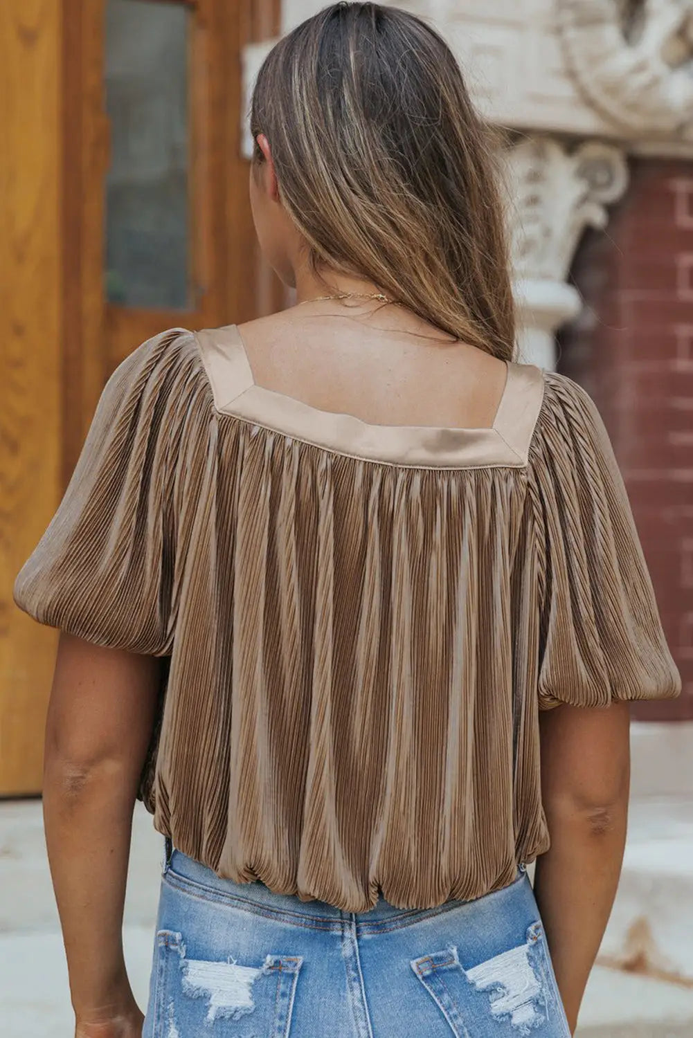 Simply taupe pleated puff sleeve square neck blouse - blouses & shirts