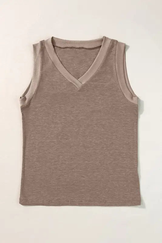 Simply taupe ribbed v neck tank top - tops