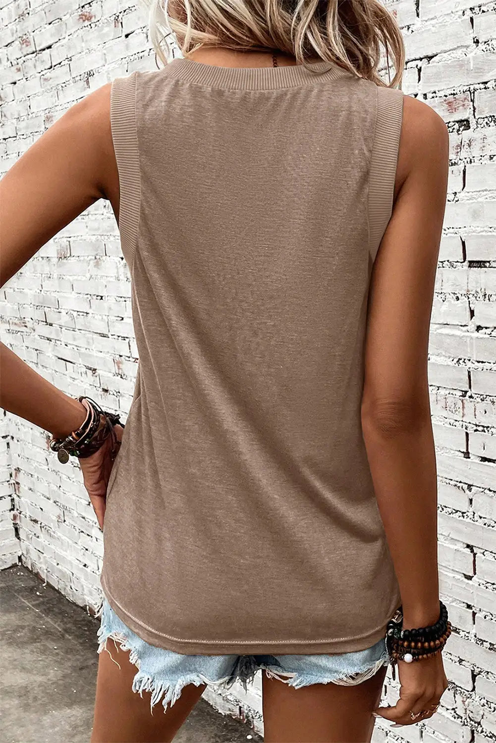 Simply taupe ribbed v neck tank top - tops