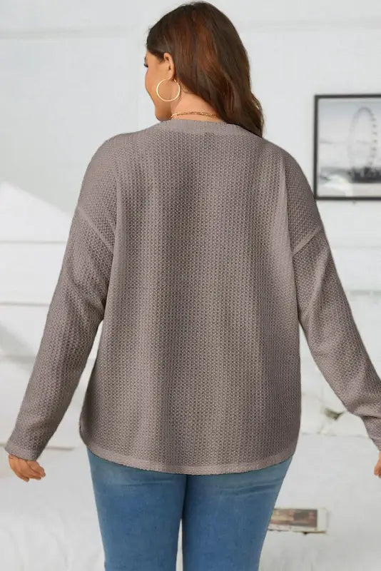 Simply taupe waffle knit drop shoulder button v neck plus size top