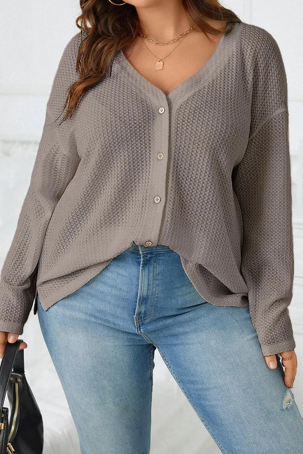 Simply taupe waffle knit drop shoulder button v neck plus size top - 1x / 65% polyester + 30% viscose + 5% elastane
