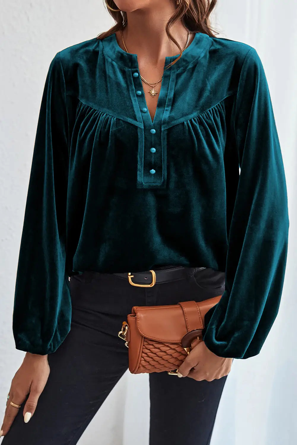 Skobeloff lantern sleeve beaded split v neck velvet top - blouses & shirts