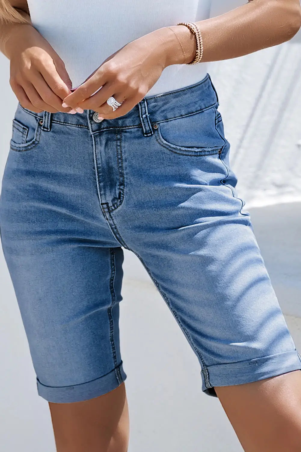 Sky blue acid wash roll-up edge bermuda short jeans - denim shorts