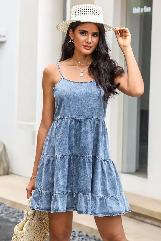 Sky blue adjustable straps tiered ruffle denim dress - s / 100% cotton - mini dresses